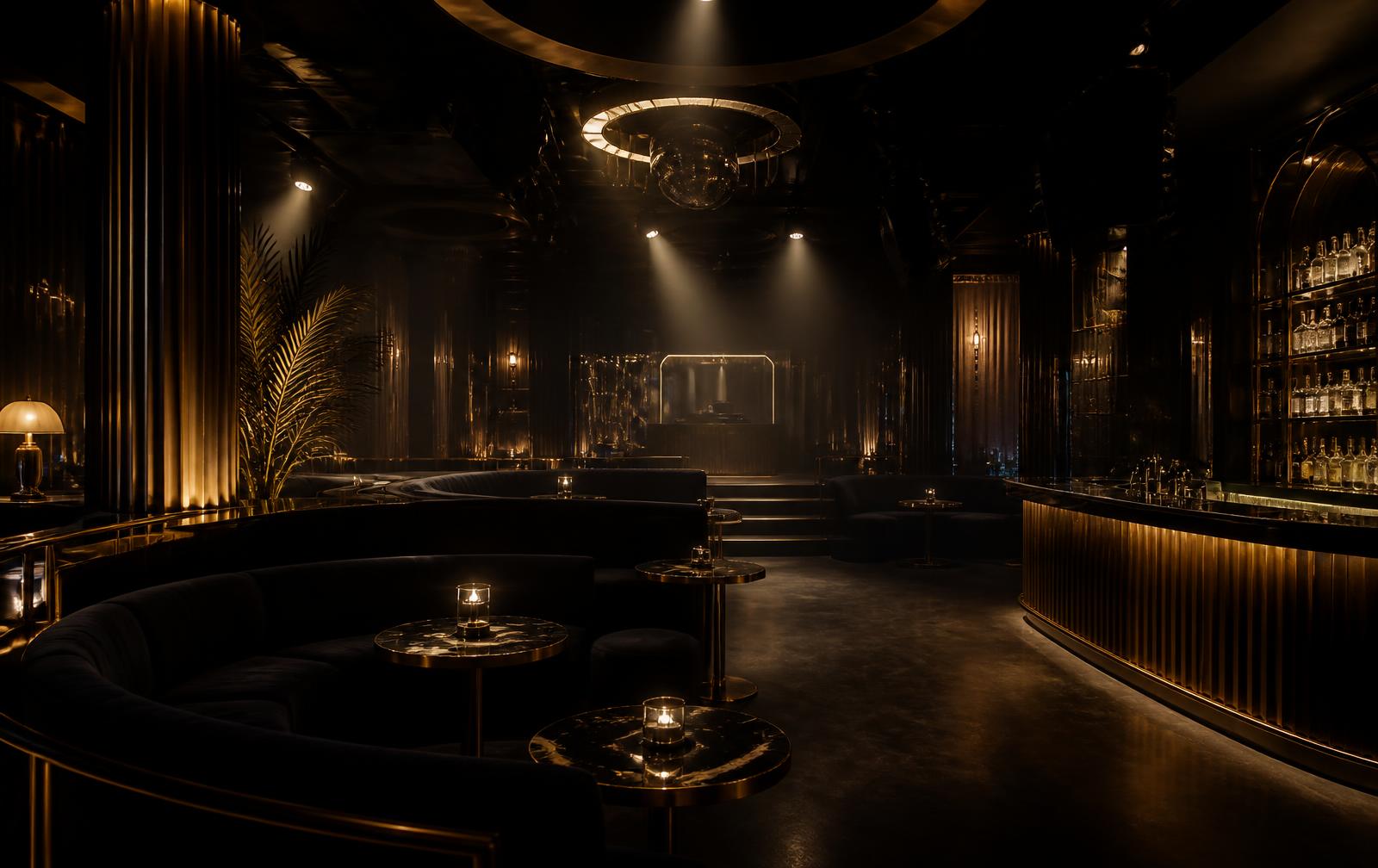 Innenraum des Club Adler Auge bei Nacht mit goldenem Licht und Samtsitzen