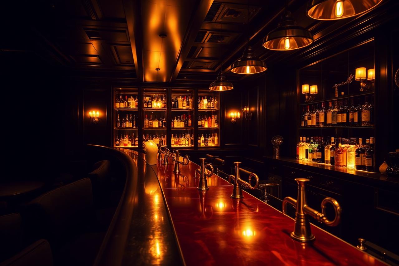 Bar des Club Adler Auge mit Messingtresen und beleuchteten Flaschen
