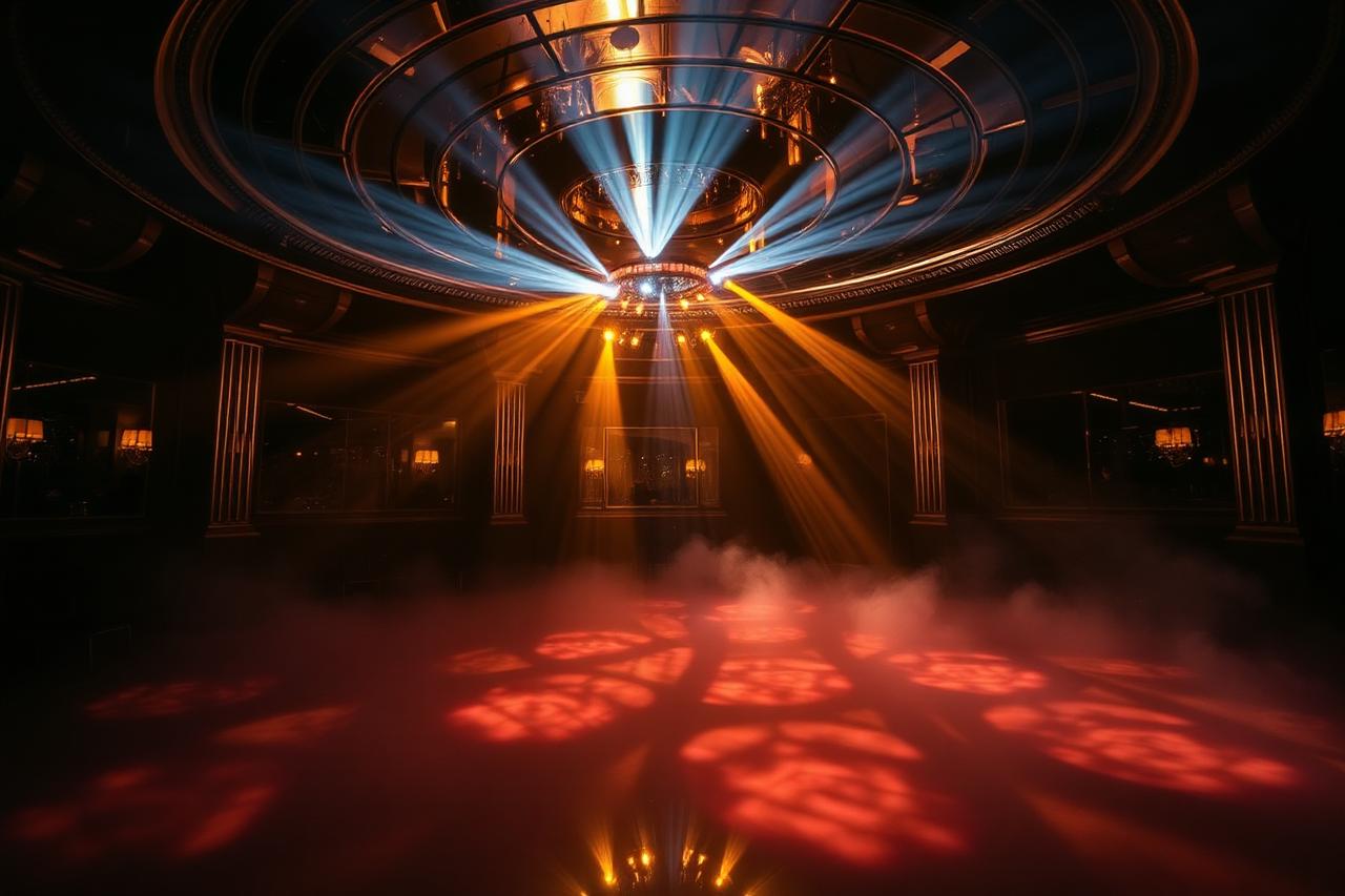 Tanzfläche des Club Adler Auge im goldenen Scheinwerferlicht