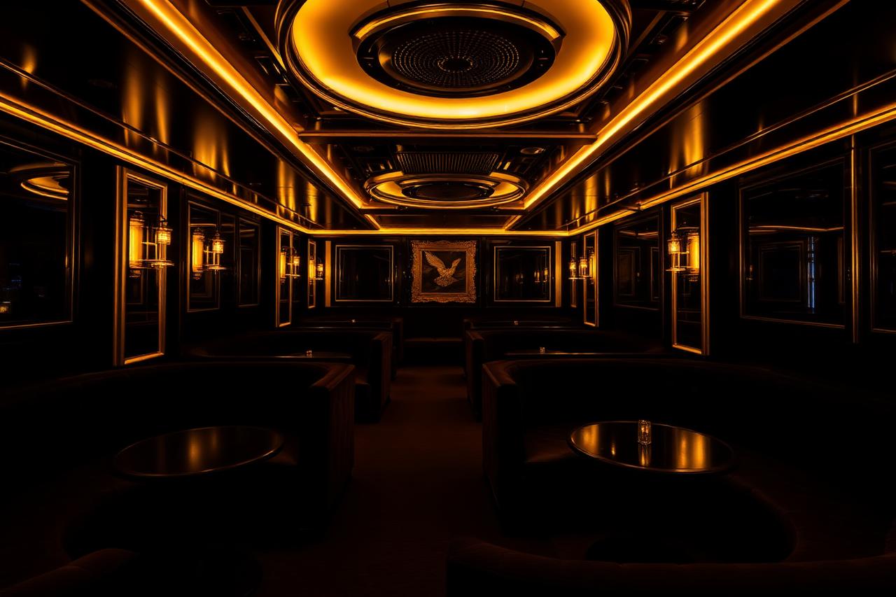VIP-Lounge mit schwarzen Samtnischen und goldenen Akzenten